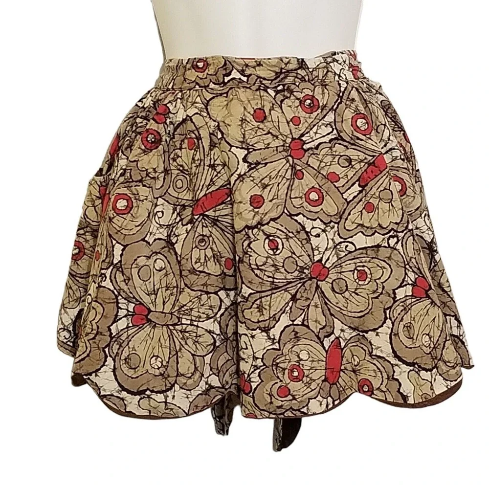 Vintage 50s Reversible Half Apron Butterfly Brown Red